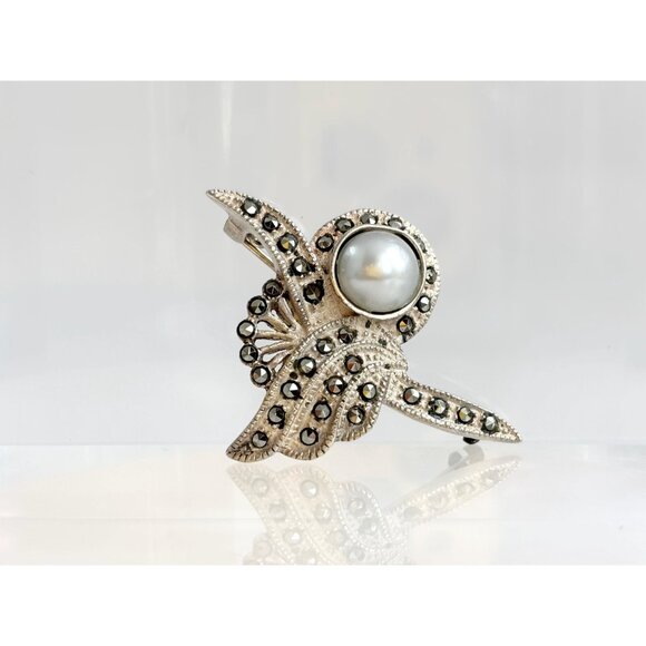 Marcasite Faux Button Pearl Abstract Art Deco Sterling Vintage Brooch Pendant - Picture 8 of 10
